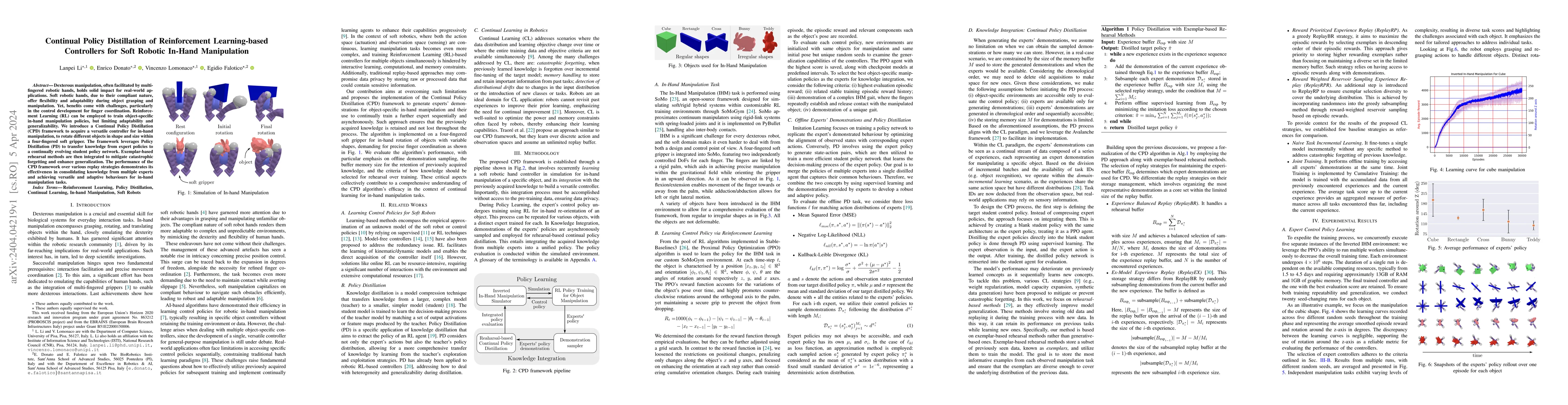 Thumbnail for Continual Policy Distillation of Reinforcement Learning-based
  Controllers for Soft Robotic In-Hand Manipulation