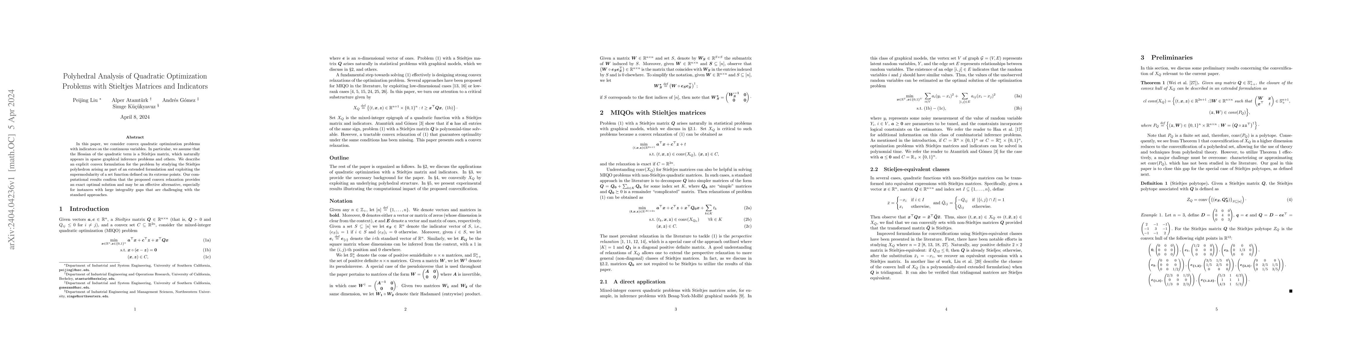 Thumbnail for Polyhedral Analysis of Quadratic Optimization Problems with Stieltjes
  Matrices and Indicators