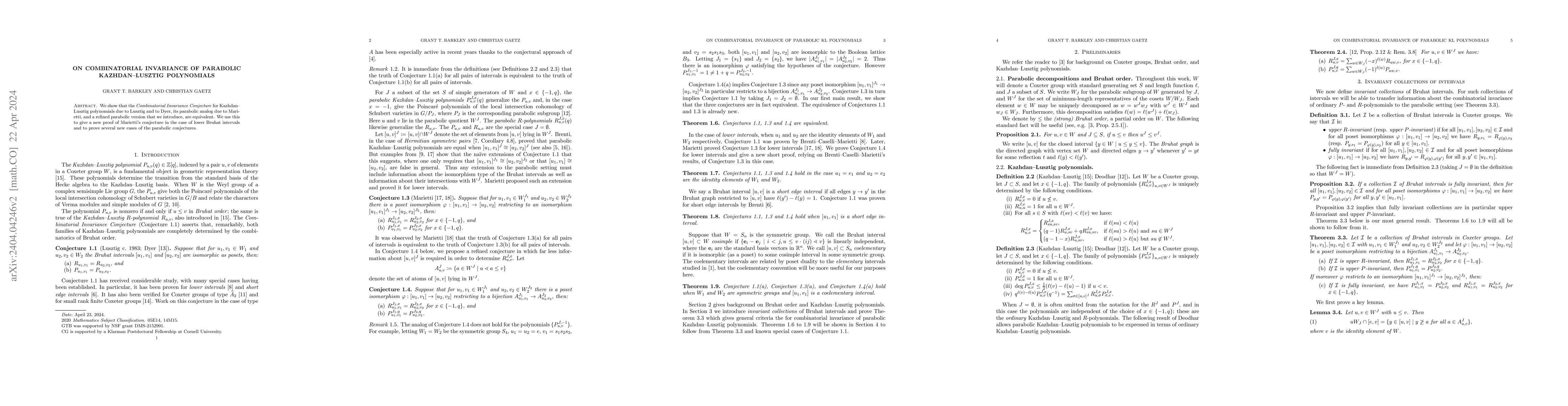 Thumbnail for On combinatorial invariance of parabolic Kazhdan-Lusztig polynomials