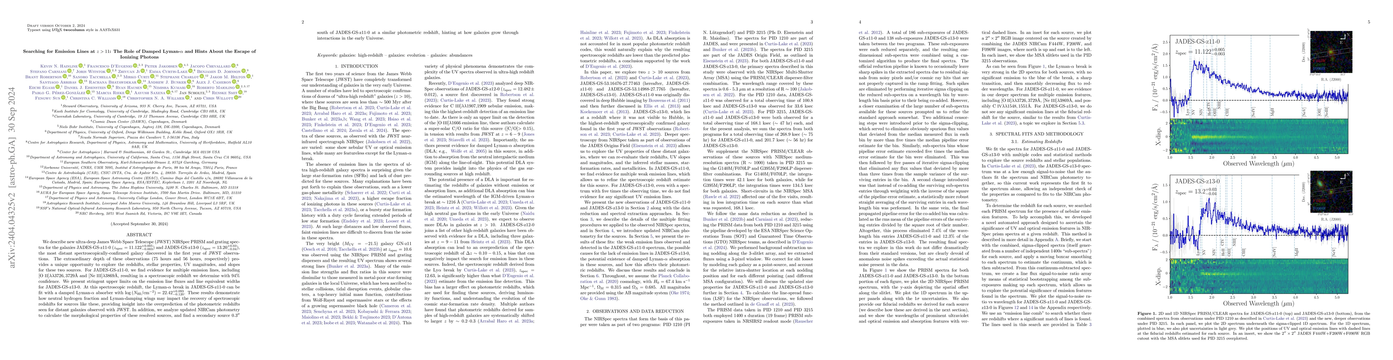Thumbnail for Searching for Emission Lines at $z>11$: The Role of Damped
  Lyman-$\alpha$ and Hints About the Escape of Ionizing Photons