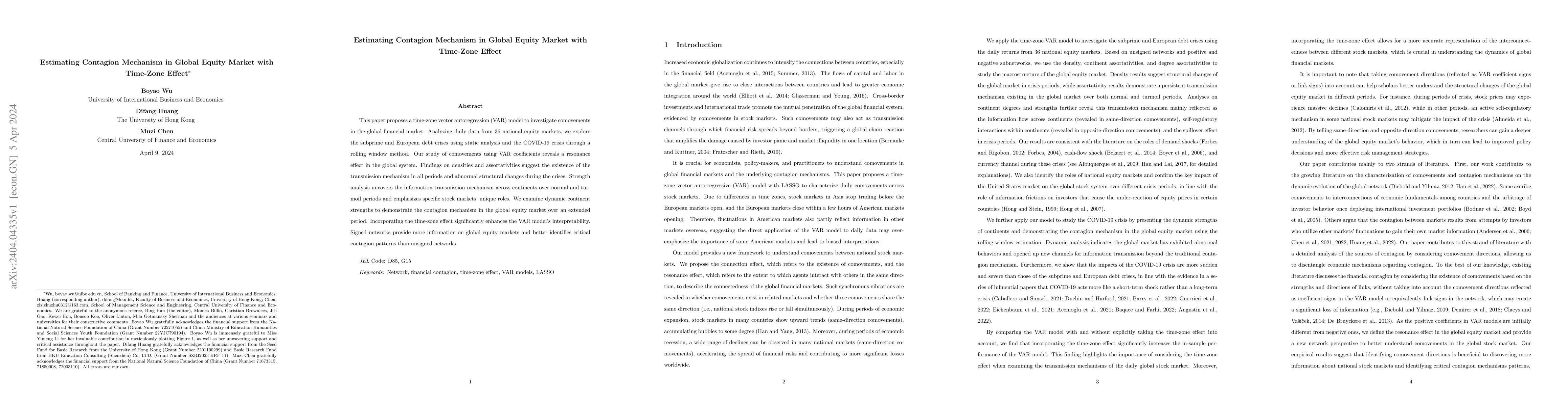 Thumbnail for Estimating Contagion Mechanism in Global Equity Market with Time-Zone
  Effect