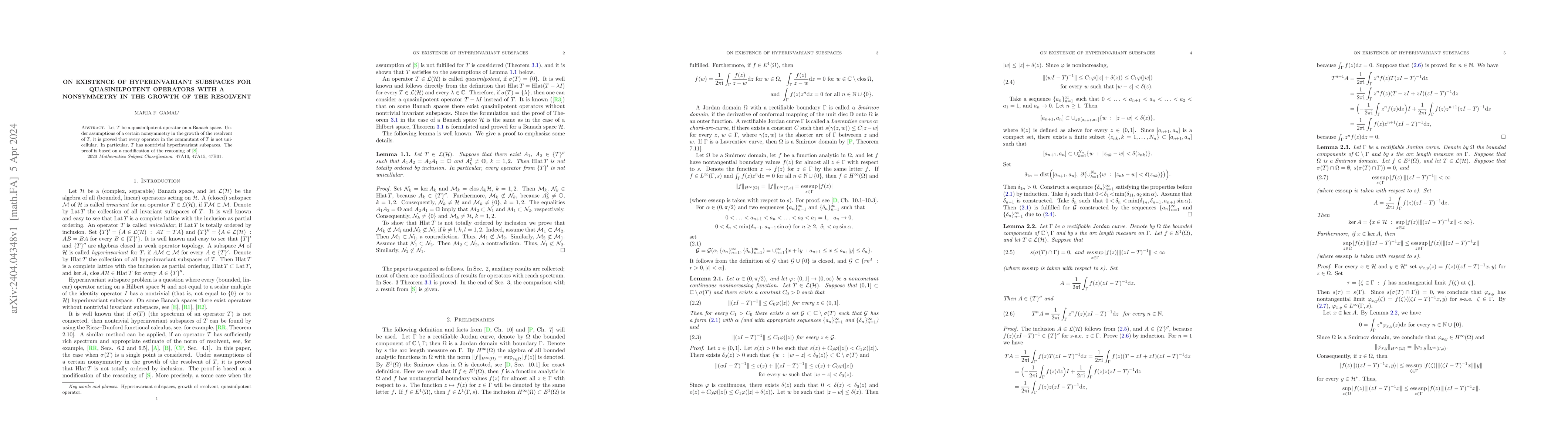 Thumbnail for On existence of hyperinvariant subspaces for quasinilpotent operators
  with a nonsymmetry in the growth of the resolvent