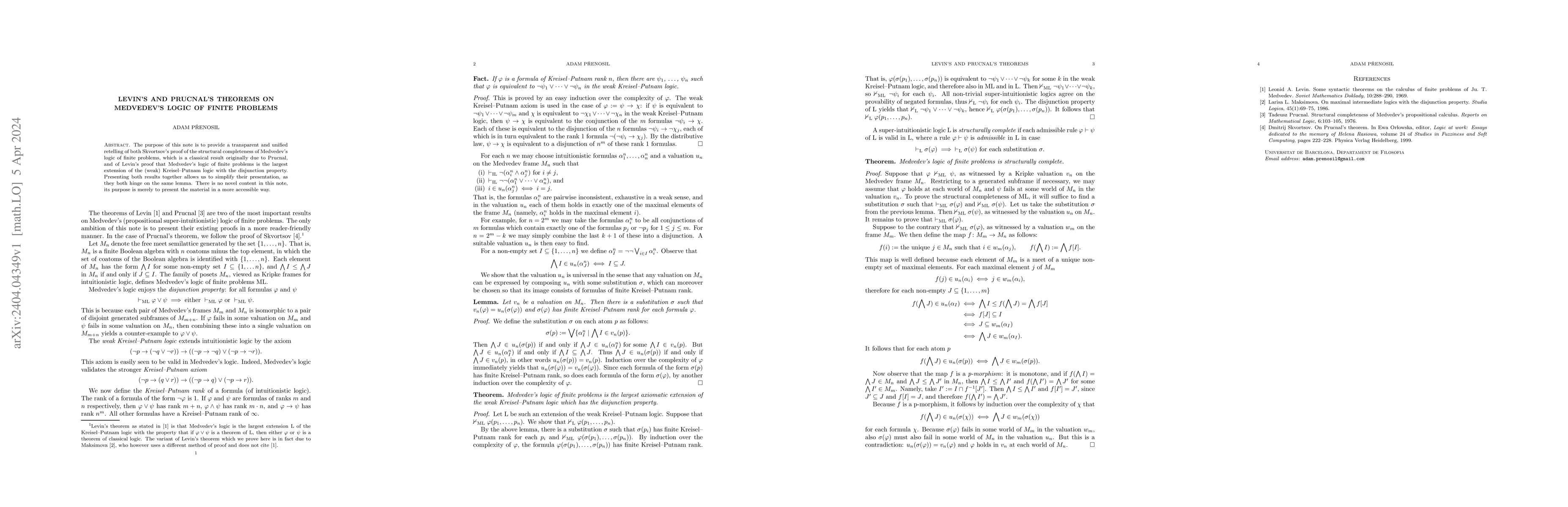 Thumbnail for Levin's and Prucnal's theorems on Medvedev's logic of finite problems