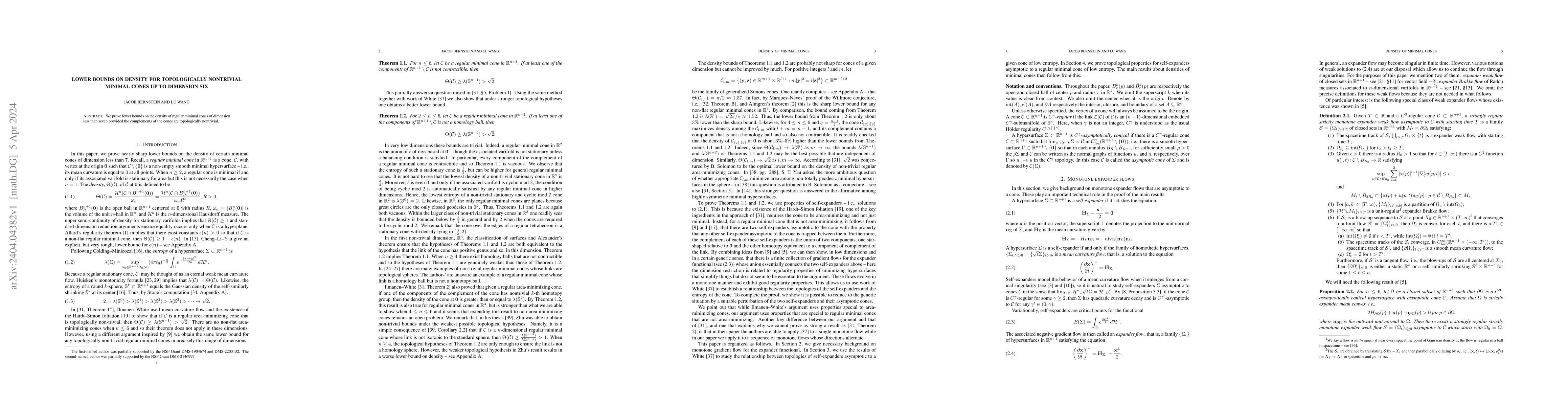 Thumbnail for Lower Bounds on Density for Topologically Nontrivial Minimal Cones up to
  Dimension Six