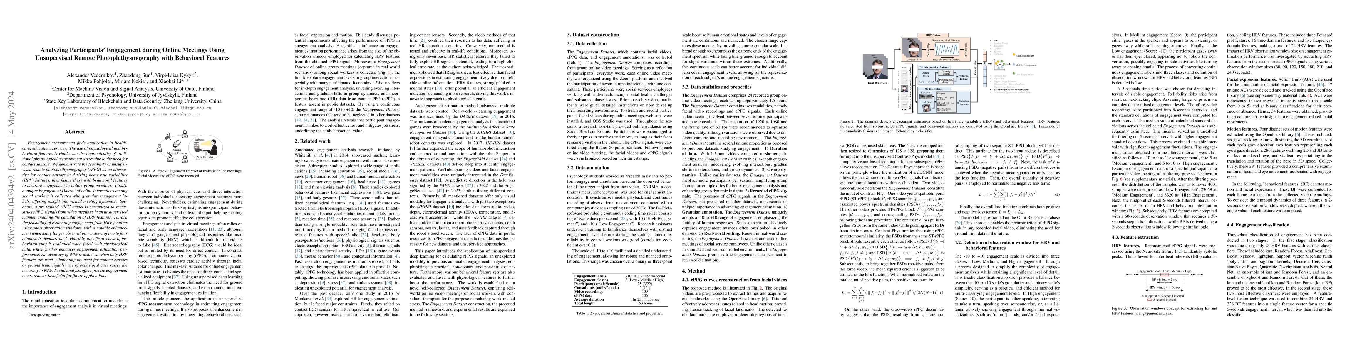 Thumbnail for Analyzing Participants' Engagement during Online Meetings Using
  Unsupervised Remote Photoplethysmography with Behavioral Features