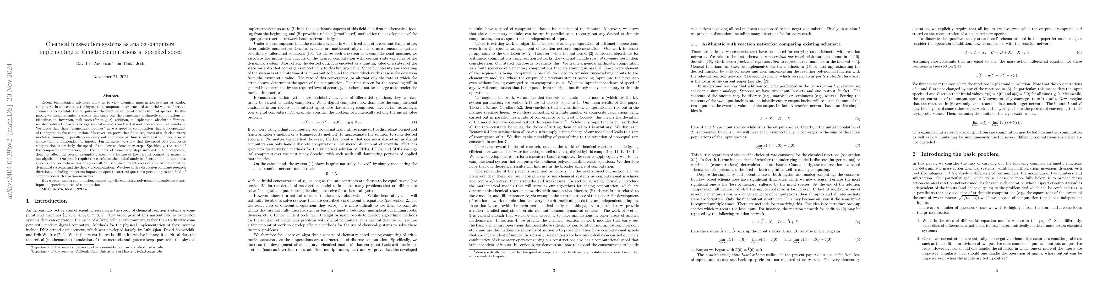 Thumbnail for Chemical mass-action systems as analog computers: implementing
  arithmetic computations at specified speed