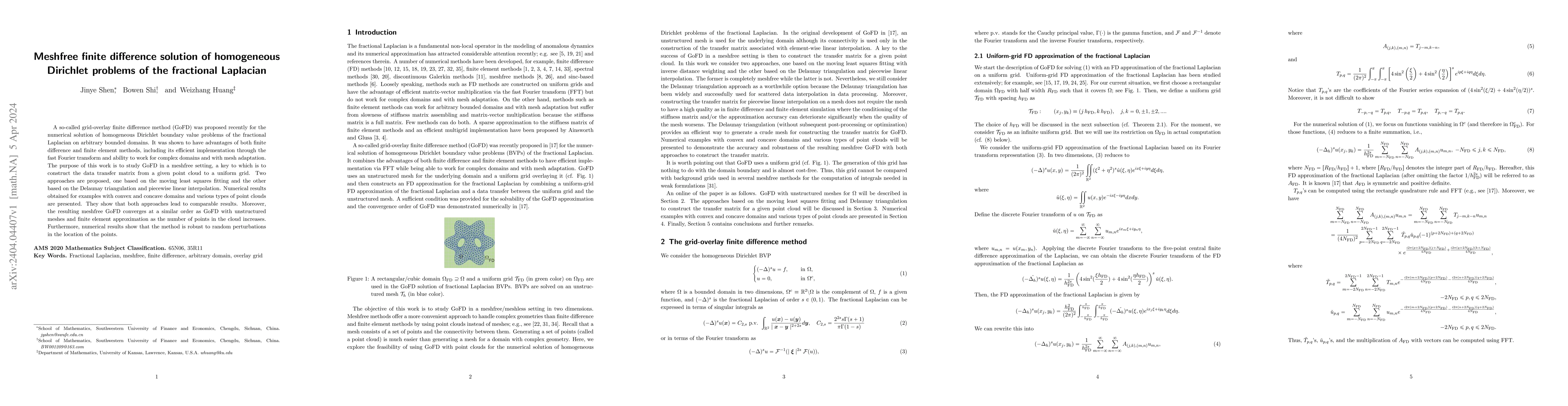 Thumbnail for Meshfree finite difference solution of homogeneous Dirichlet problems of
  the fractional Laplacian