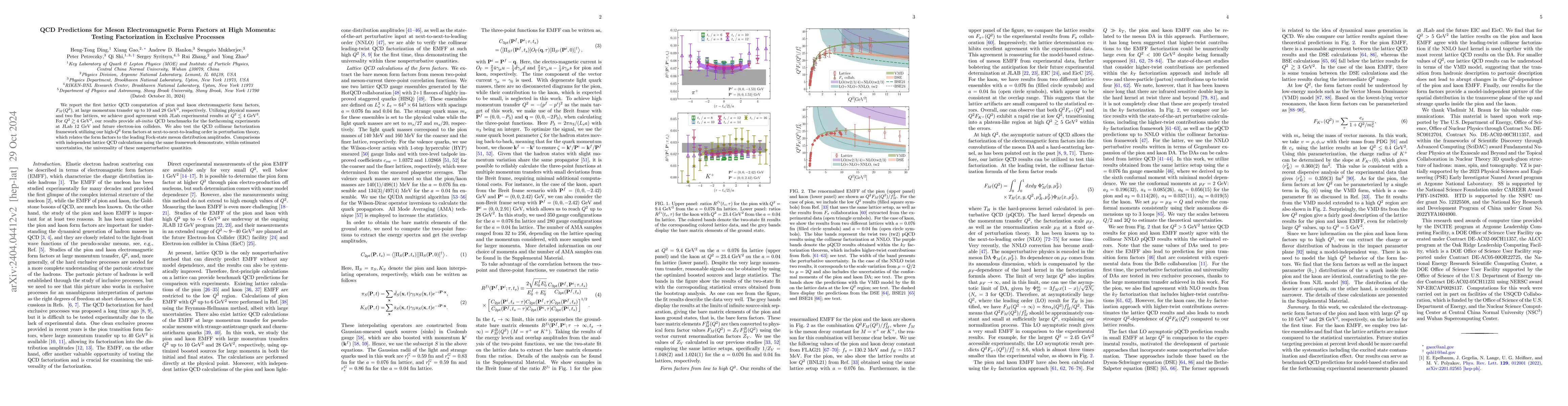 Thumbnail for QCD Predictions for Meson Electromagnetic Form Factors at High Momenta:
  Testing Factorization in Exclusive Processes