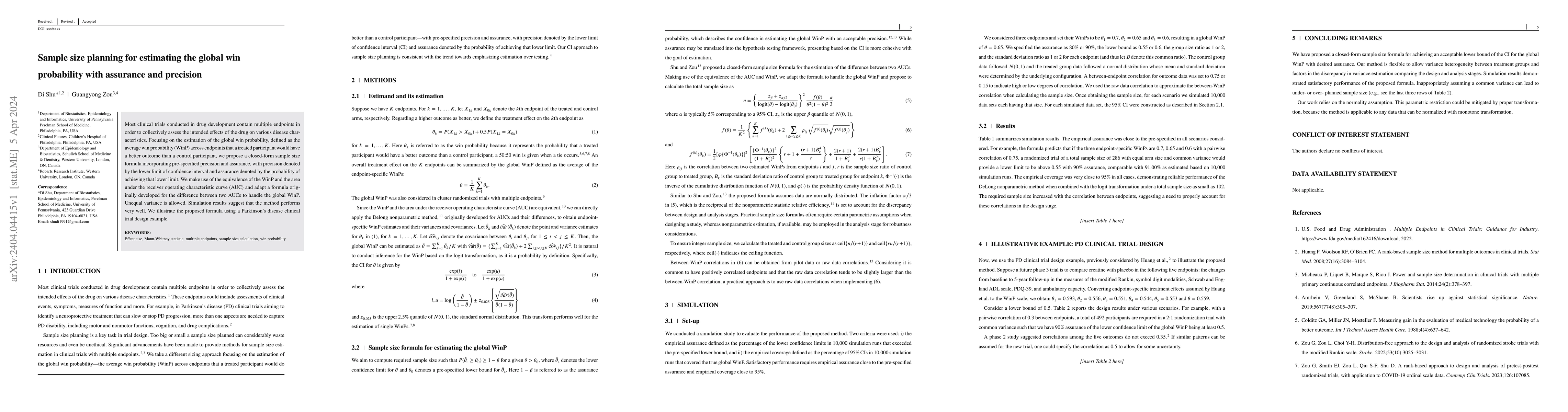 Thumbnail for Sample size planning for estimating the global win probability with
  assurance and precision