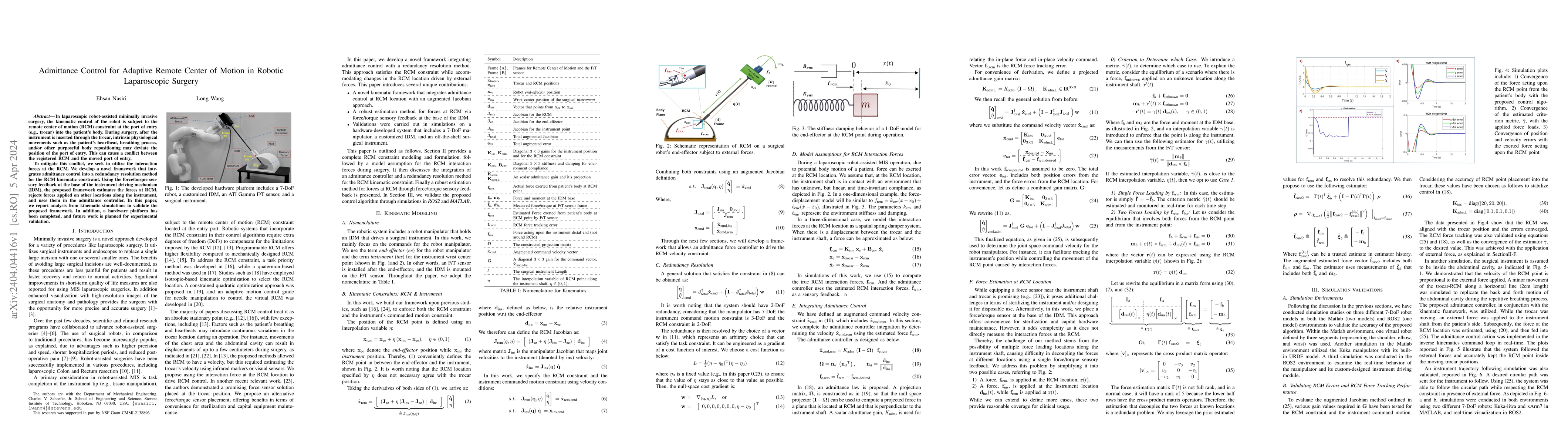 Thumbnail for Admittance Control for Adaptive Remote Center of Motion in Robotic
  Laparoscopic Surgery