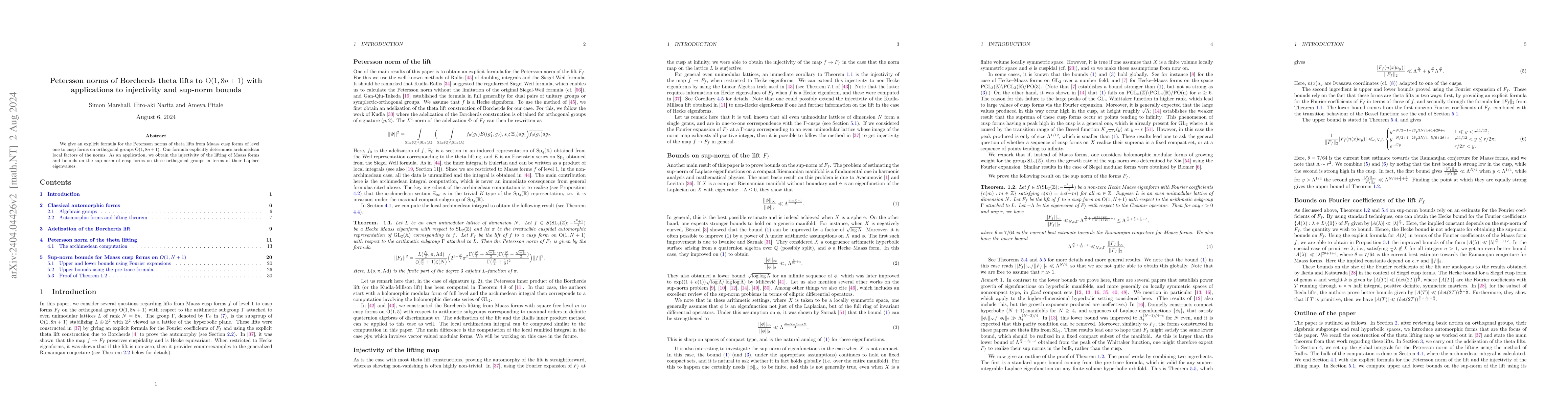 Thumbnail for Petersson norms of Borcherds theta lifts to O(1, 8n+1) with applications
  to injectivity and sup-norm bounds