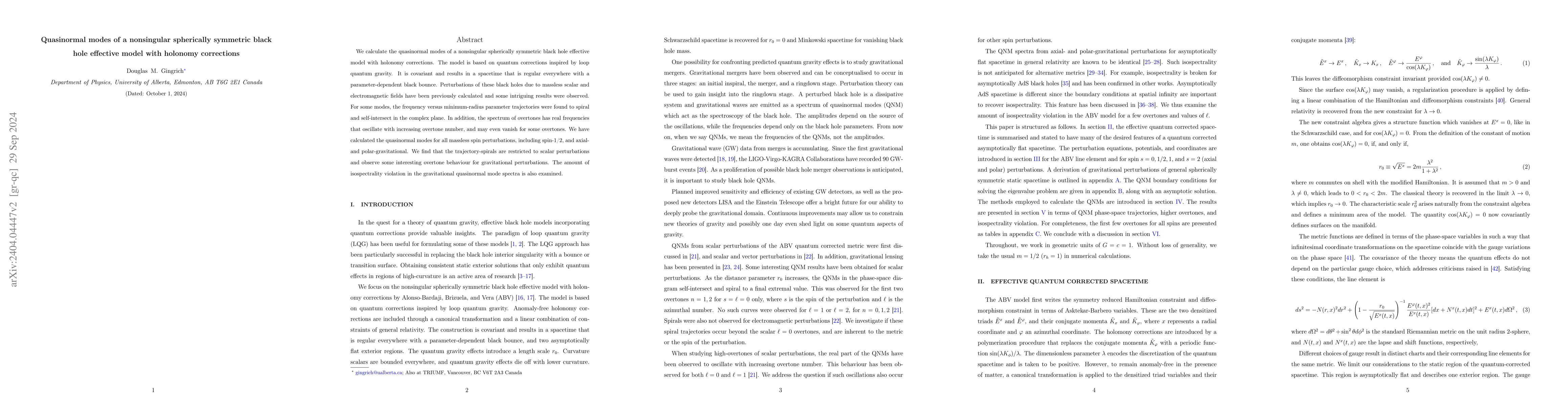 Thumbnail for Quasinormal modes of a nonsingular spherically symmetric black hole
  effective model with holonomy corrections