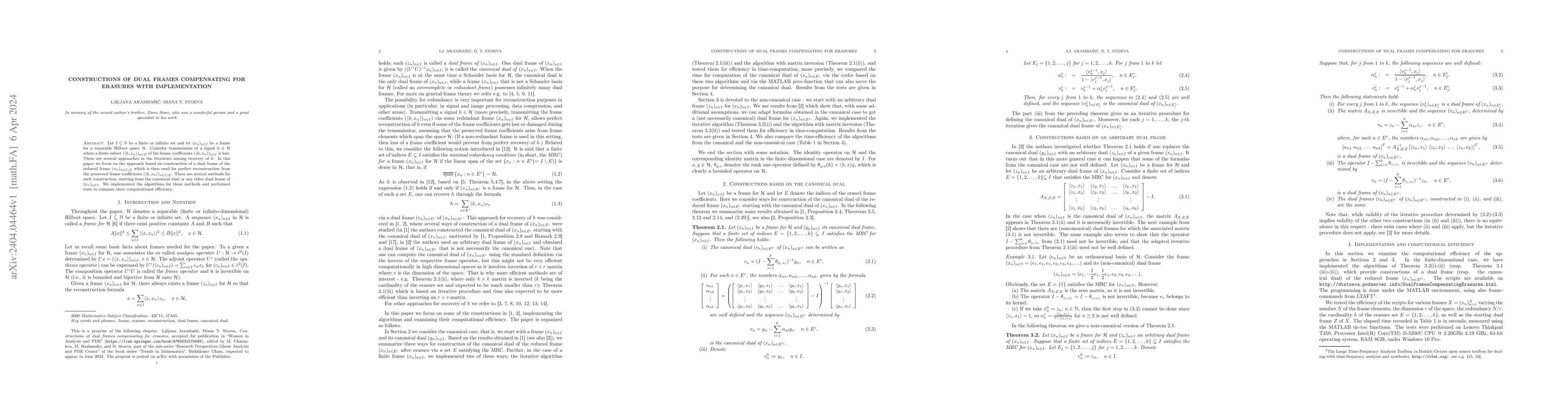 Thumbnail for Constructions of dual frames compensating for erasures with
  implementation