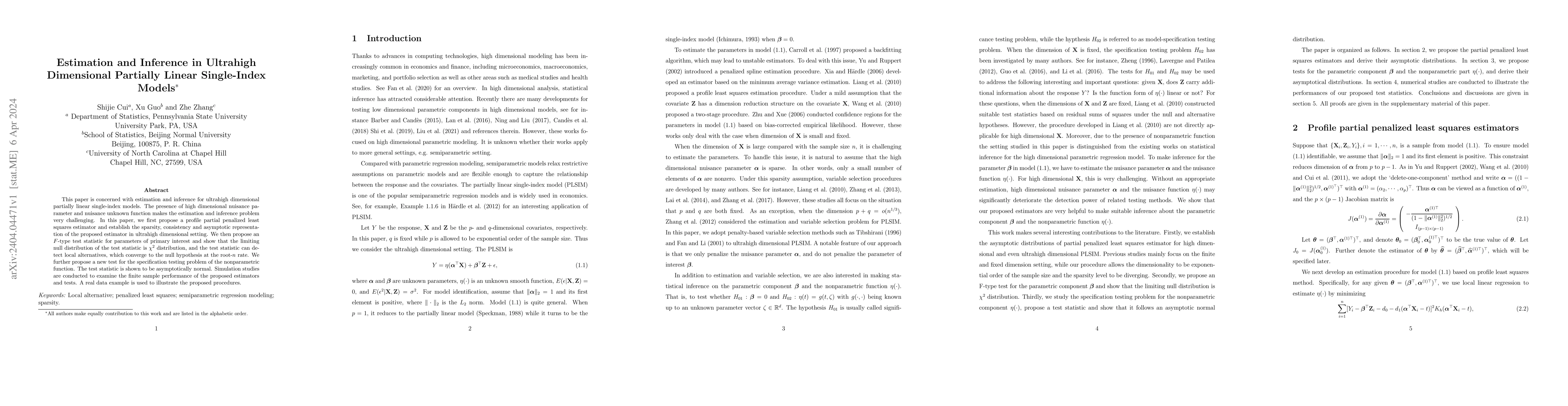 Thumbnail for Estimation and Inference in Ultrahigh Dimensional Partially Linear
  Single-Index Models