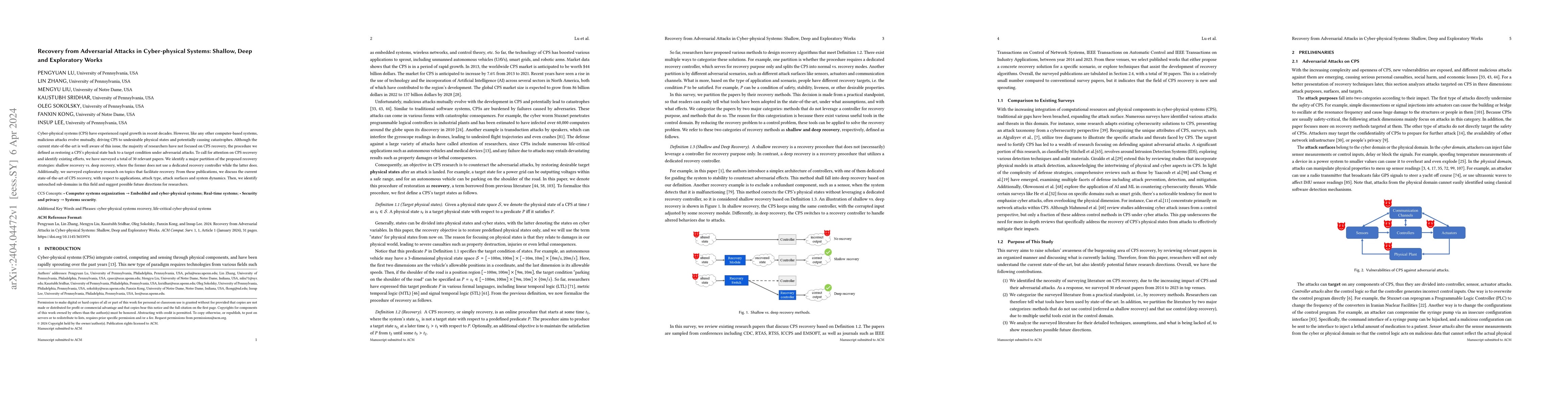 Thumbnail for Recovery from Adversarial Attacks in Cyber-physical Systems: Shallow,
  Deep and Exploratory Works