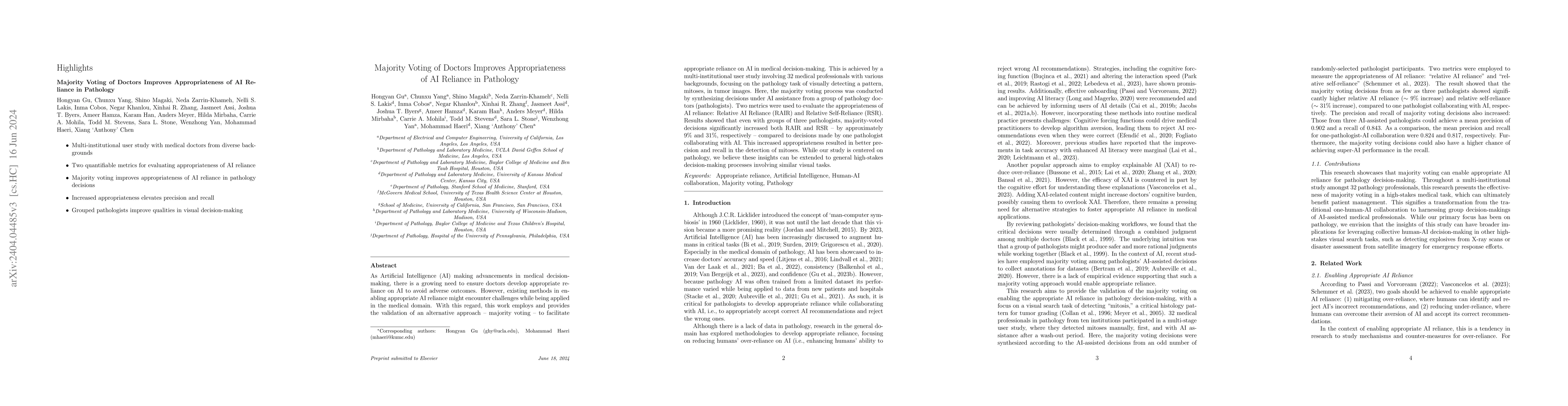 Thumbnail for Majority Voting of Doctors Improves Appropriateness of AI Reliance in
  Pathology