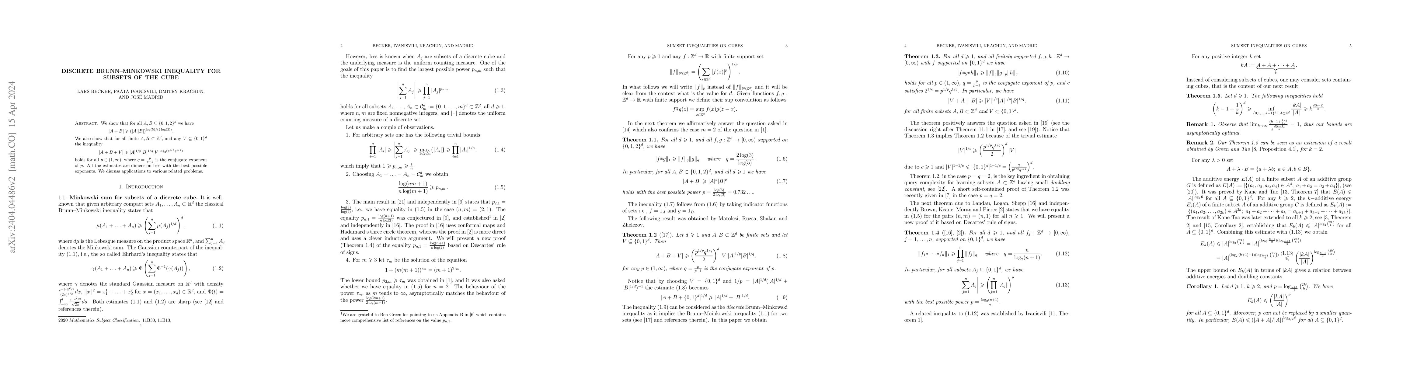 Thumbnail for Discrete Brunn-Minkowski Inequality for subsets of the cube