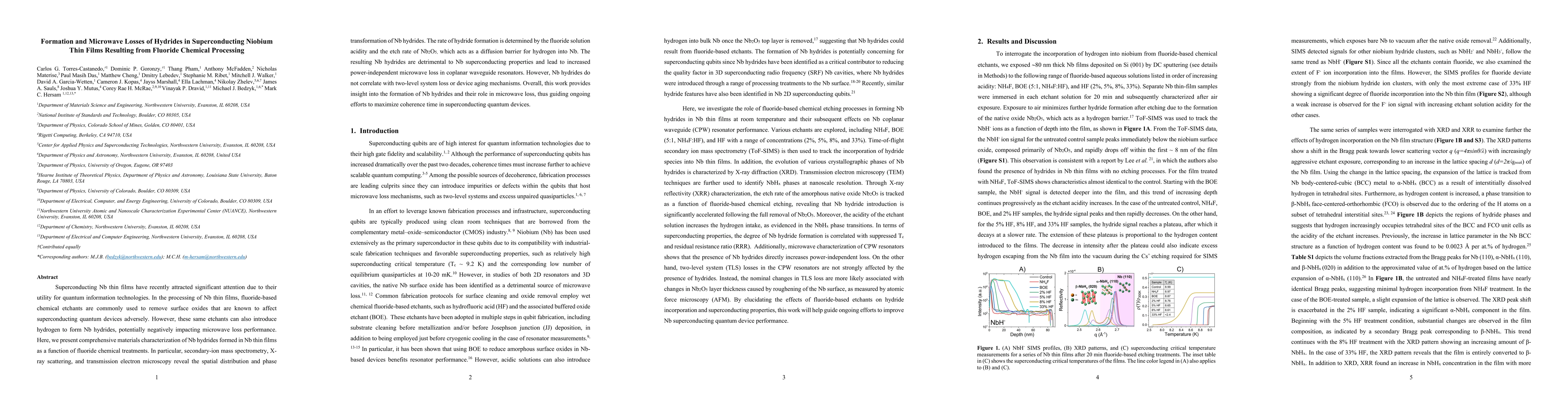 Thumbnail for Formation and Microwave Losses of Hydrides in Superconducting Niobium
  Thin Films Resulting from Fluoride Chemical Processing