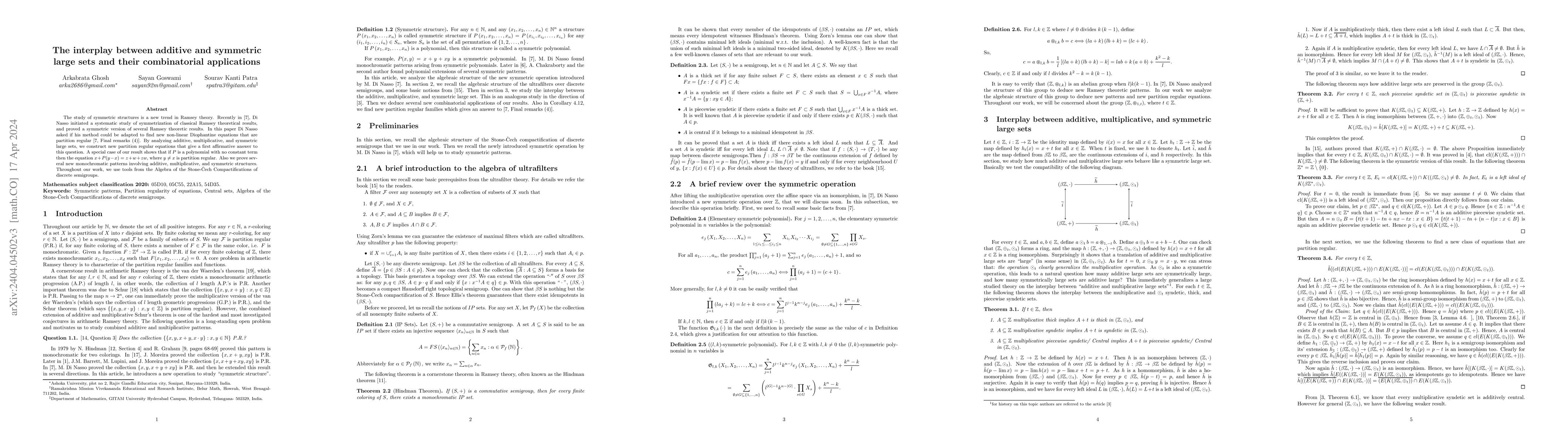 Thumbnail for The interplay between additive and symmetric large sets and their
  combinatorial applications