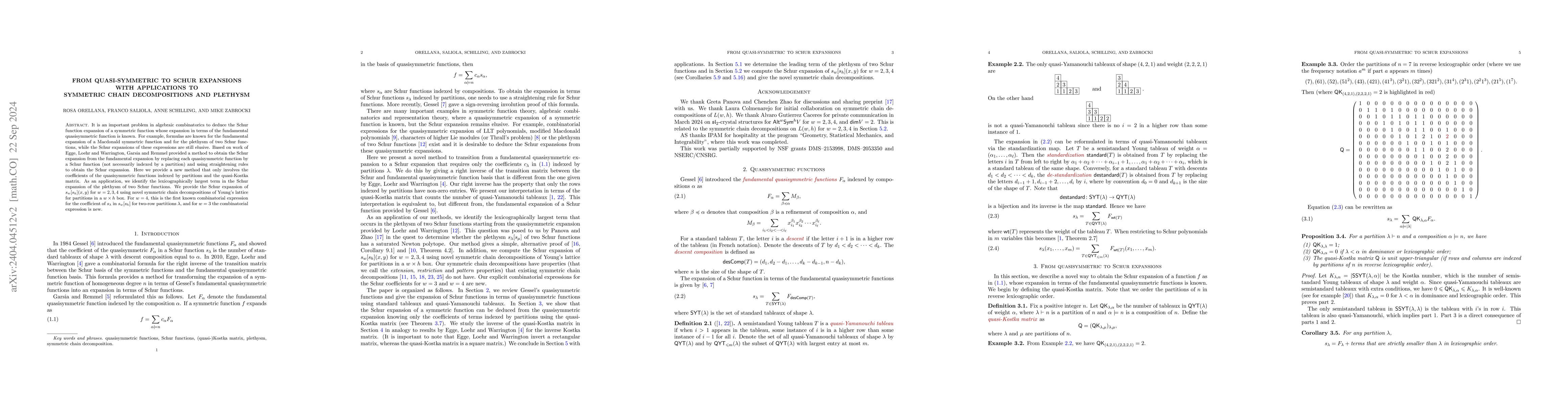 Thumbnail for From quasi-symmetric to Schur expansions with applications to symmetric
  chain decompositions and plethysm