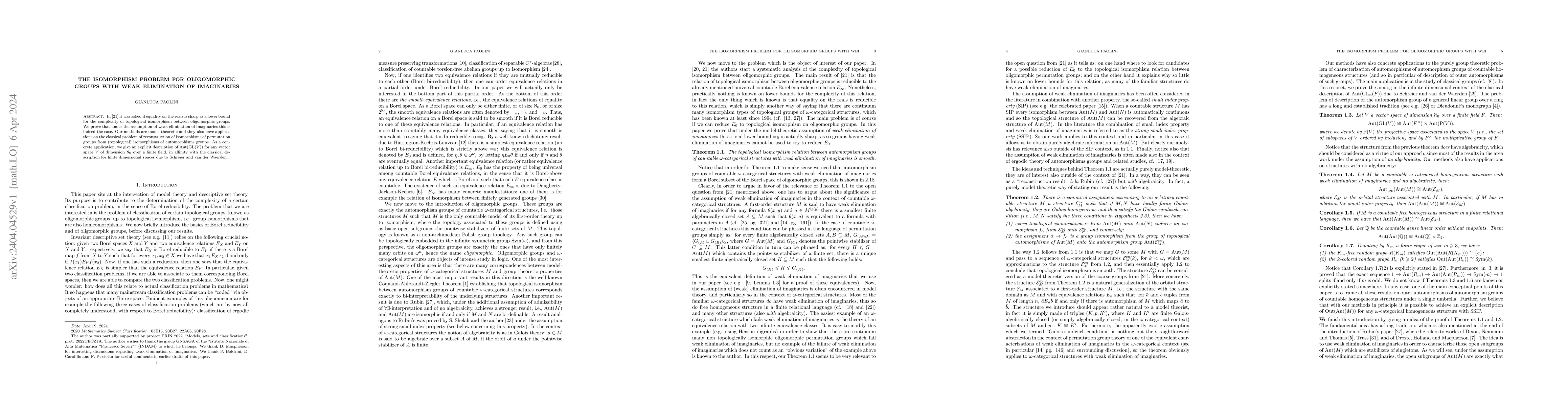 Thumbnail for The Isomorphism Problem for Oligomorphic Groups with Weak Elimination of
  Imaginaries