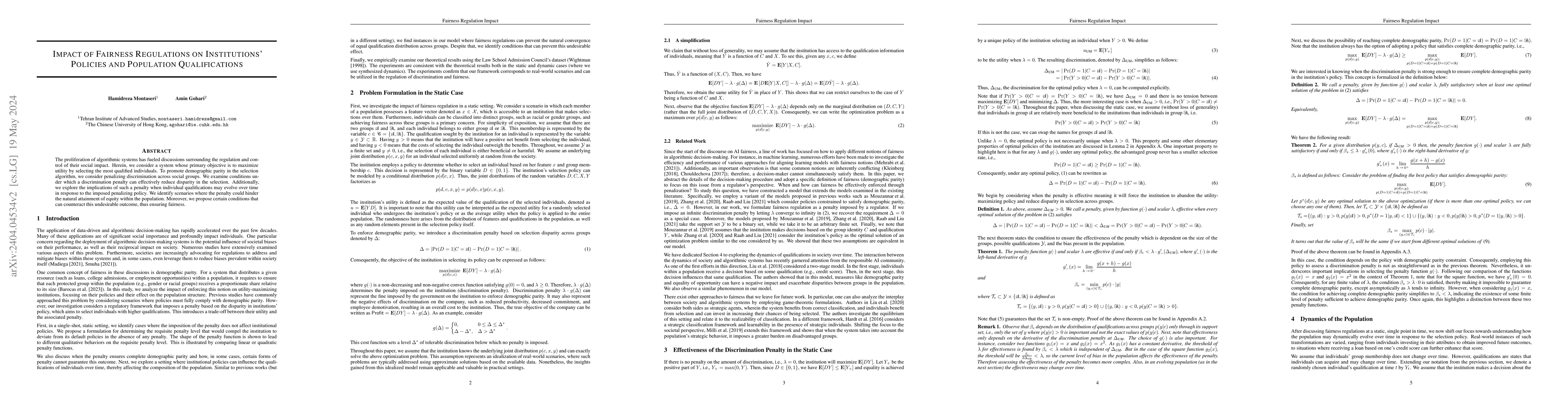 Thumbnail for Impact of Fairness Regulations on Institutions' Policies and Population
  Qualifications