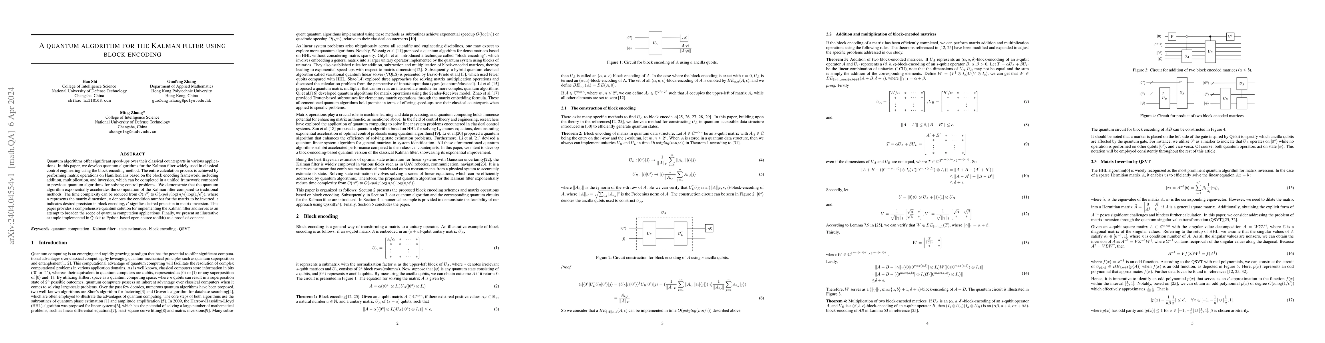 Thumbnail for A quantum algorithm for the Kalman filter using block encoding