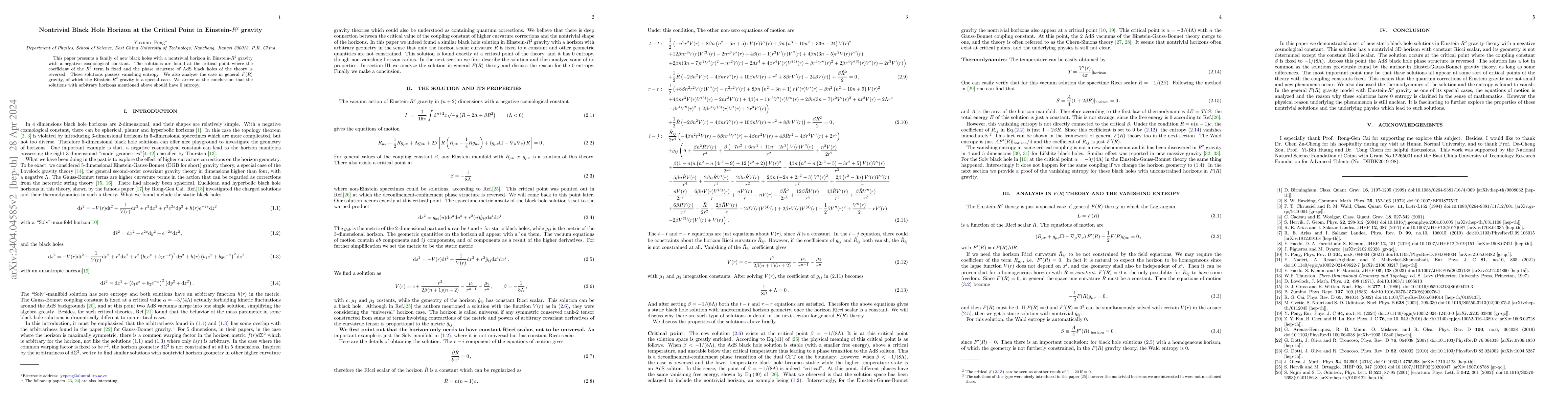 Thumbnail for Nontrivial Black Hole Horizon at the Critical Point in Einstein-$R^2$
  gravity