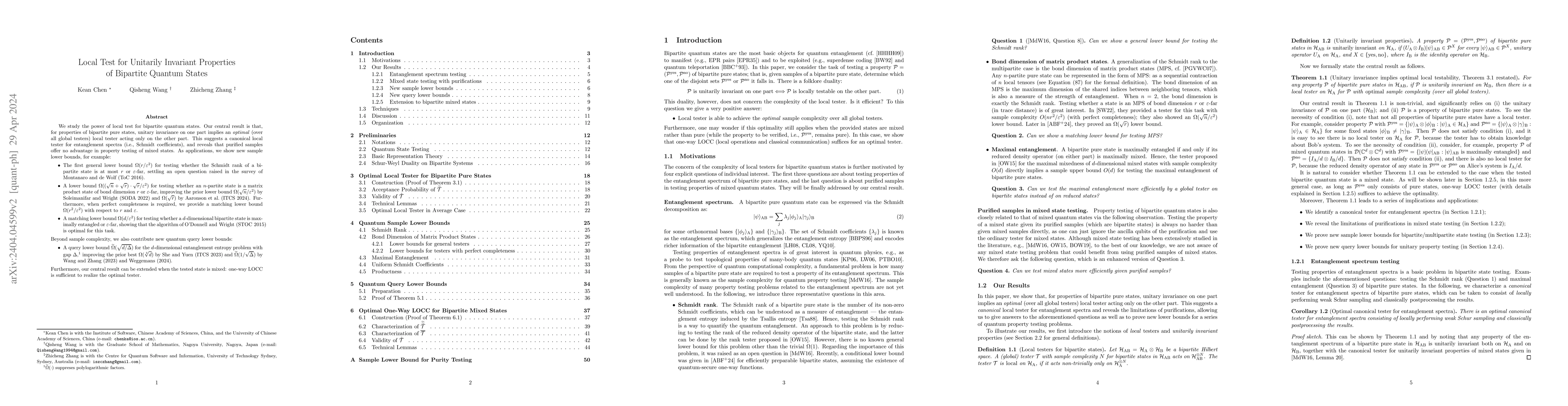 Thumbnail for Local Test for Unitarily Invariant Properties of Bipartite Quantum
  States