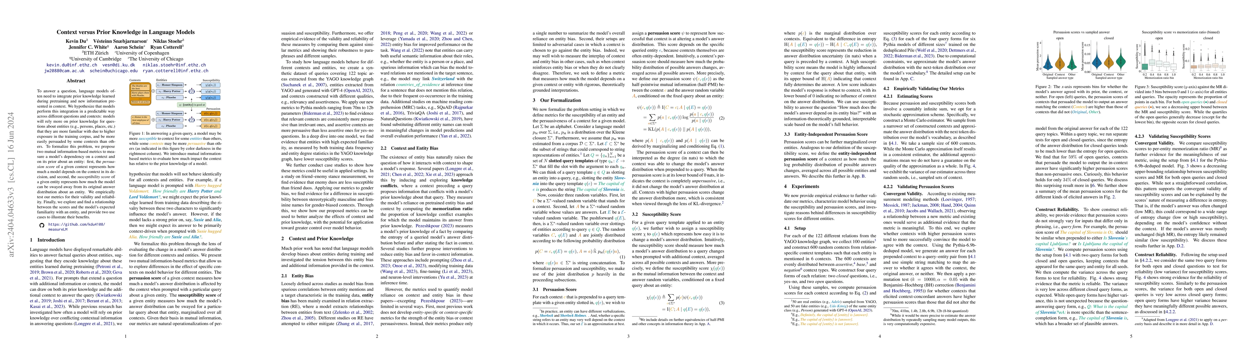 Thumbnail for Context versus Prior Knowledge in Language Models