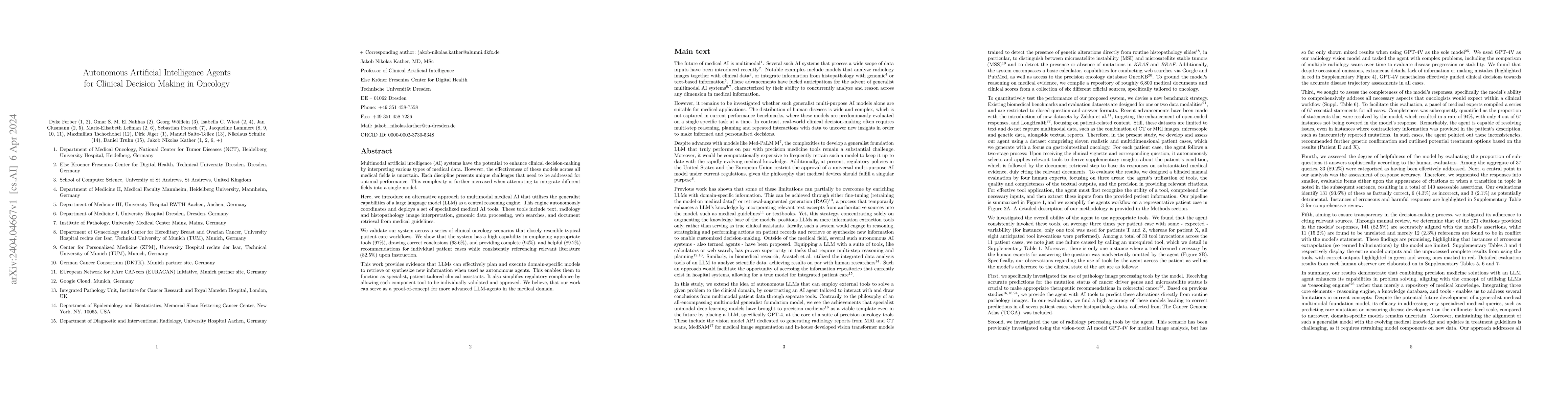 Thumbnail for Autonomous Artificial Intelligence Agents for Clinical Decision Making
  in Oncology