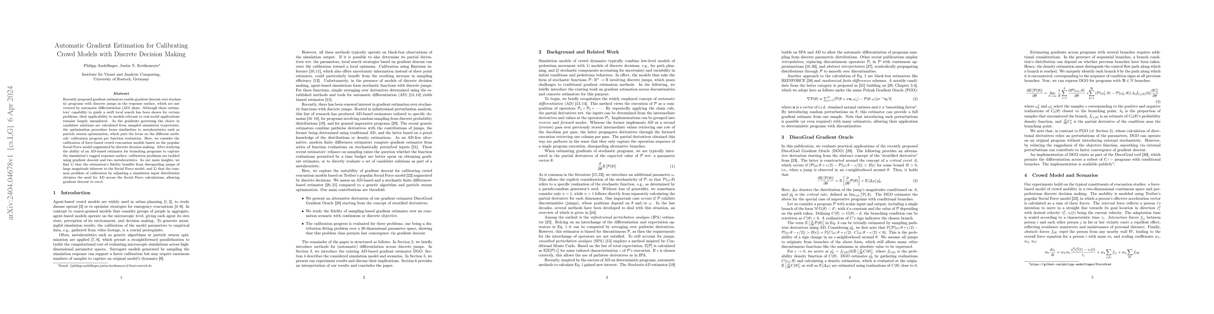 Thumbnail for Automatic Gradient Estimation for Calibrating Crowd Models with Discrete
  Decision Making