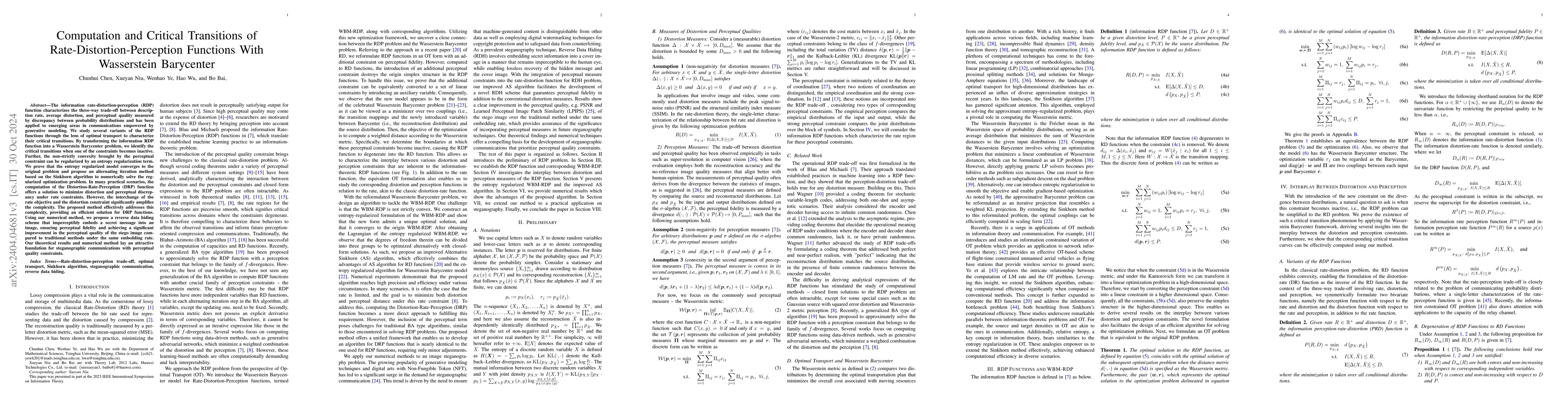 Thumbnail for Computation and Critical Transitions of Rate-Distortion-Perception
  Functions With Wasserstein Barycenter