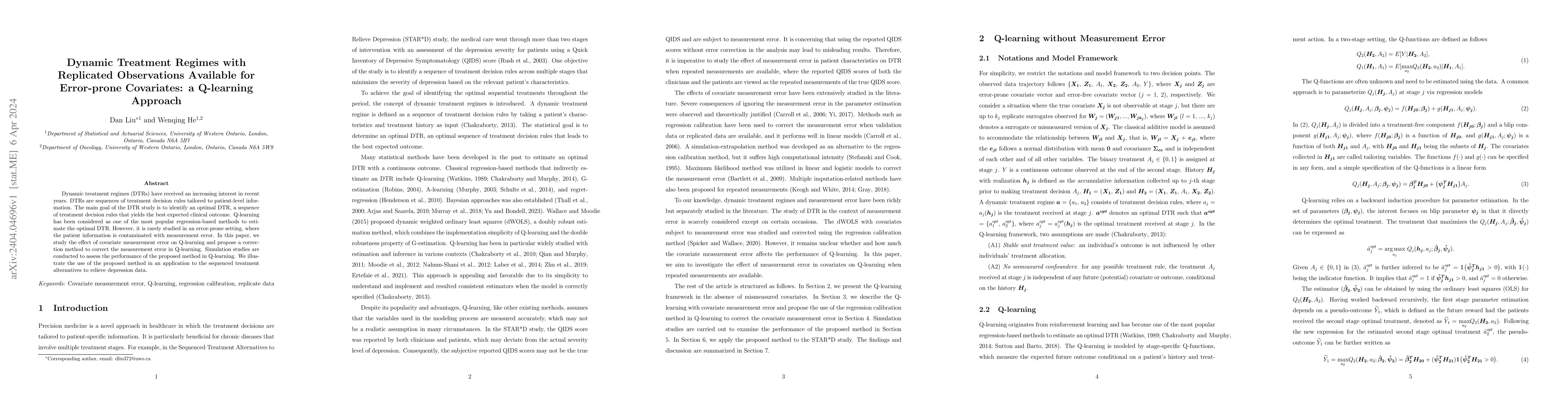 Thumbnail for Dynamic Treatment Regimes with Replicated Observations Available for
  Error-prone Covariates: a Q-learning Approach