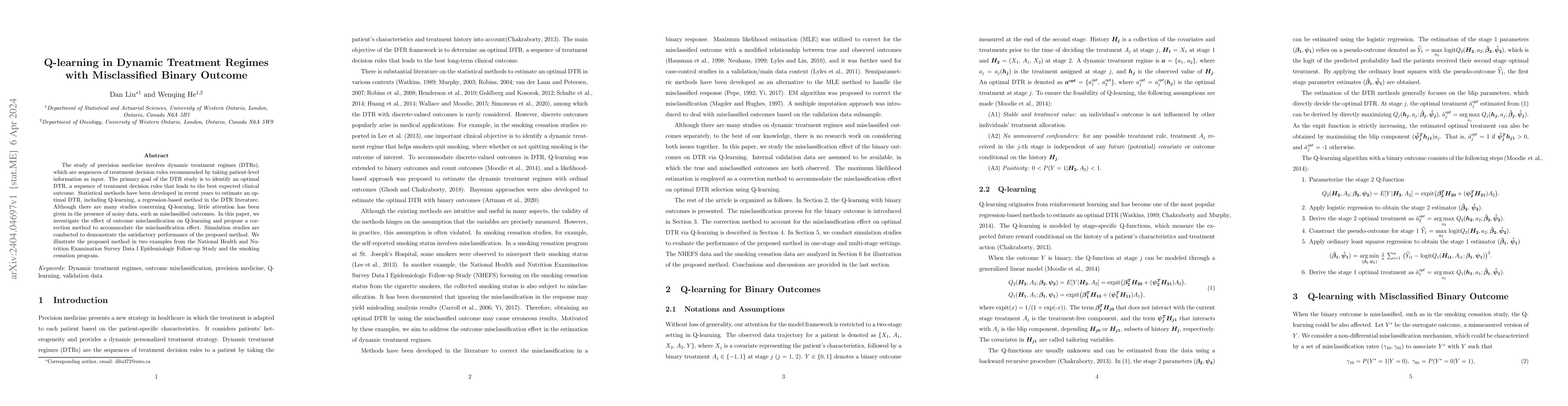 Thumbnail for Q-learning in Dynamic Treatment Regimes with Misclassified Binary
  Outcome
