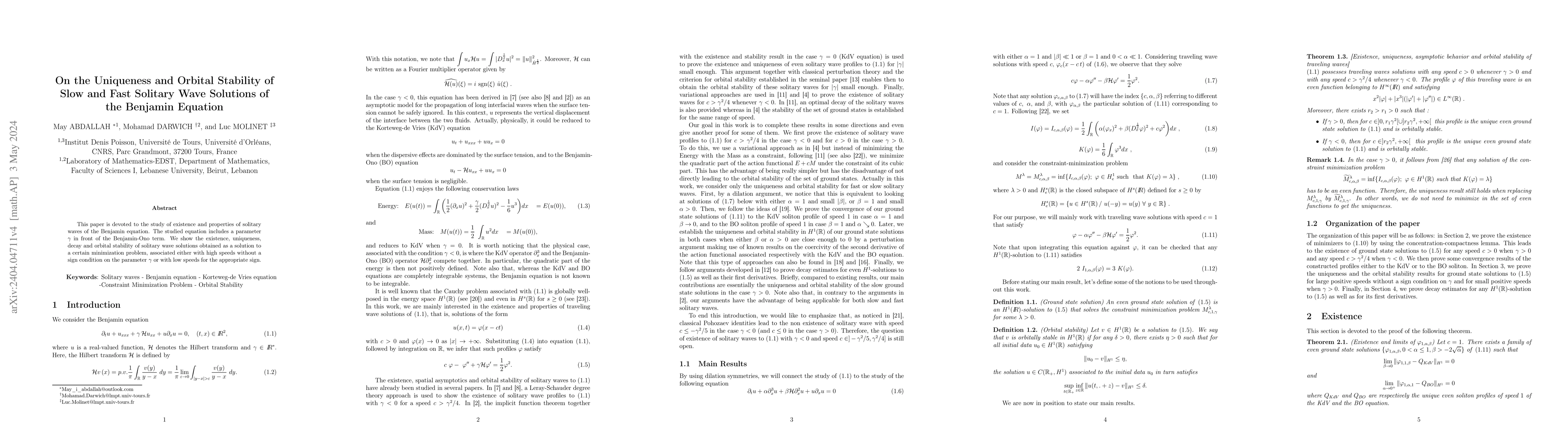 Thumbnail for On the Uniqueness and Orbital Stability of Slow and Fast Solitary Wave
  Solutions of the Benjamin Equation