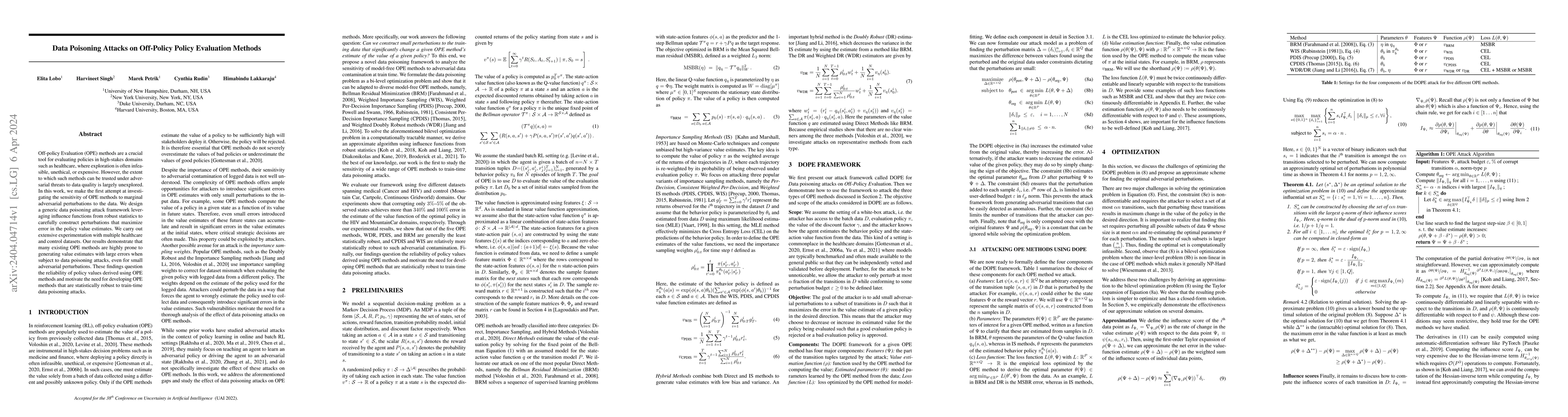 Thumbnail for Data Poisoning Attacks on Off-Policy Policy Evaluation Methods