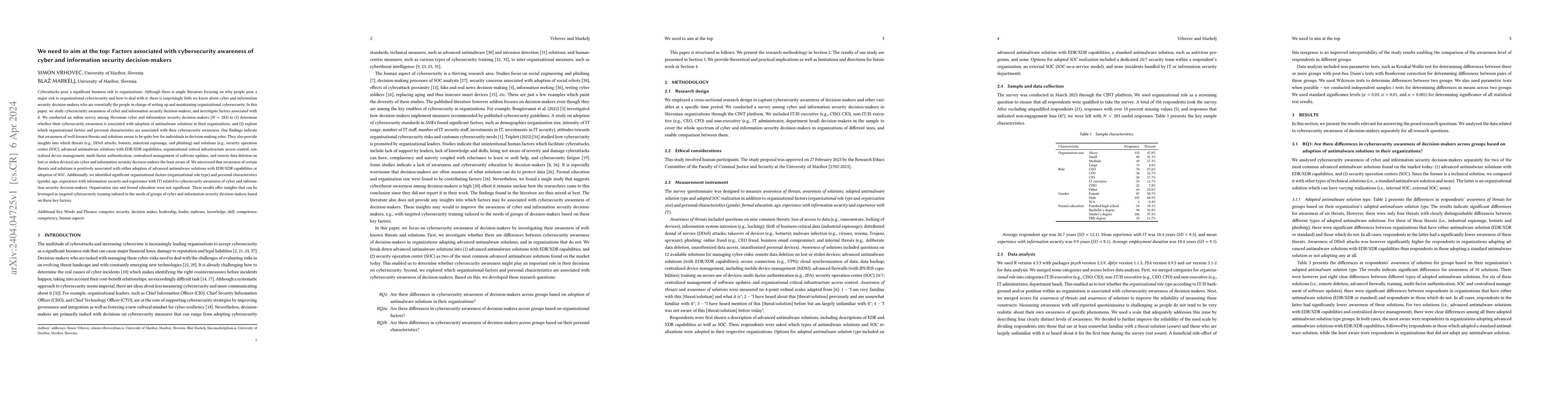 Thumbnail for We need to aim at the top: Factors associated with cybersecurity
  awareness of cyber and information security decision-makers