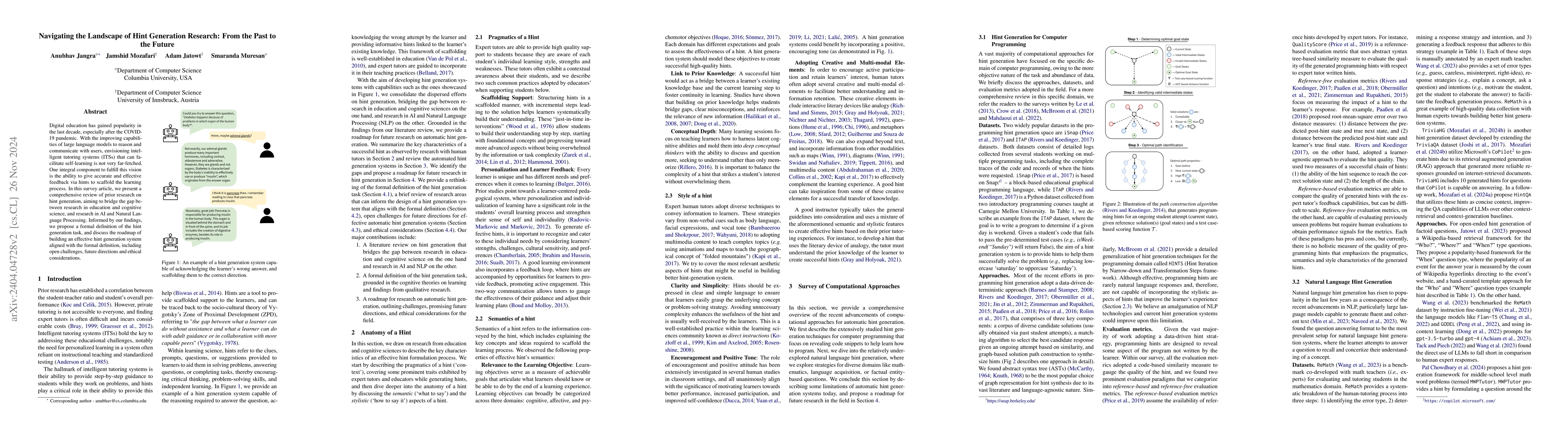 Thumbnail for Navigating the Landscape of Hint Generation Research: From the Past to
  the Future