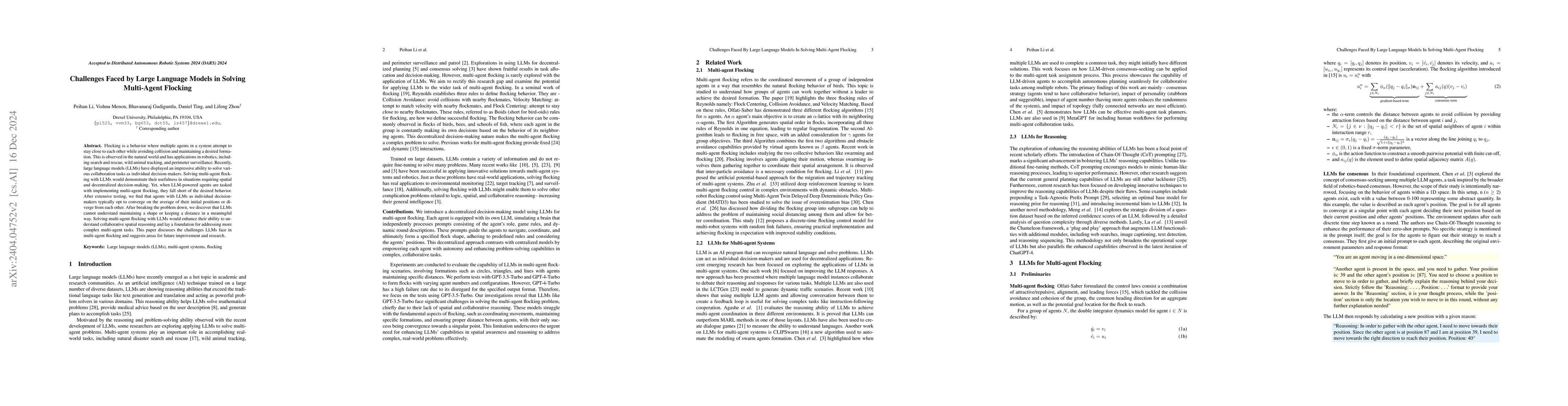 Thumbnail for Challenges Faced by Large Language Models in Solving Multi-Agent
  Flocking