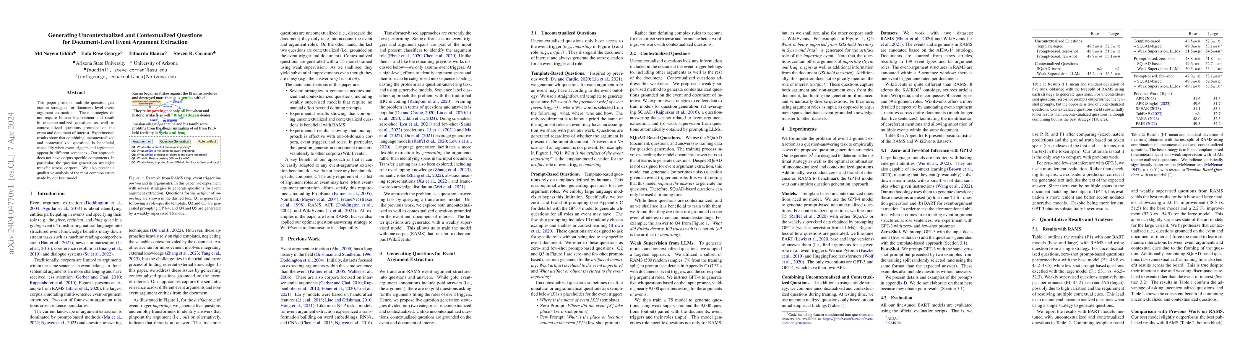 Thumbnail for Generating Uncontextualized and Contextualized Questions for
  Document-Level Event Argument Extraction