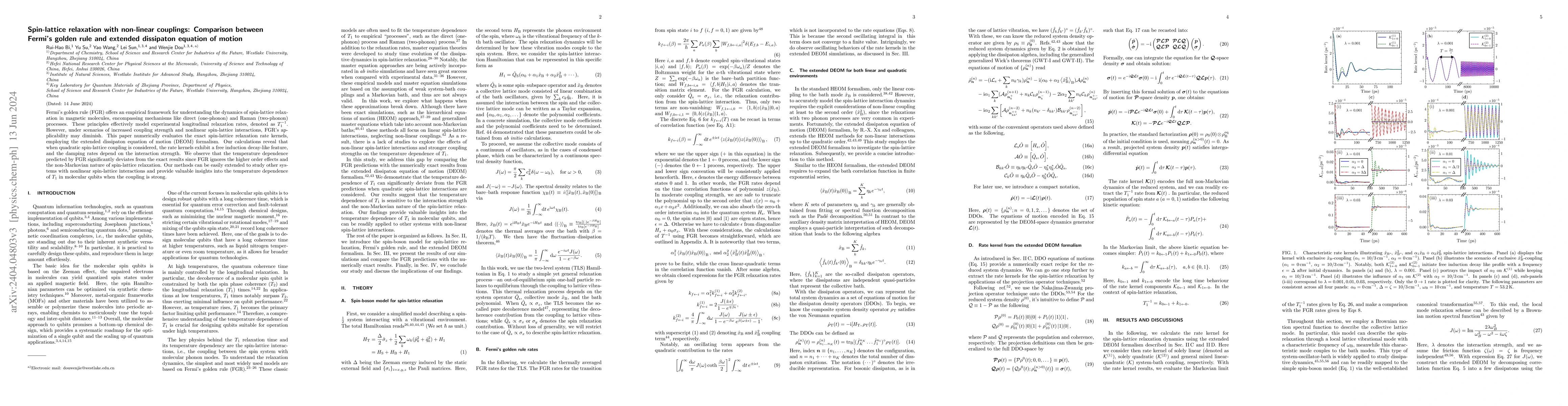 Thumbnail for Spin-lattice relaxation with non-linear couplings: Comparison between
  Fermi's golden rule and extended dissipaton equation of motion