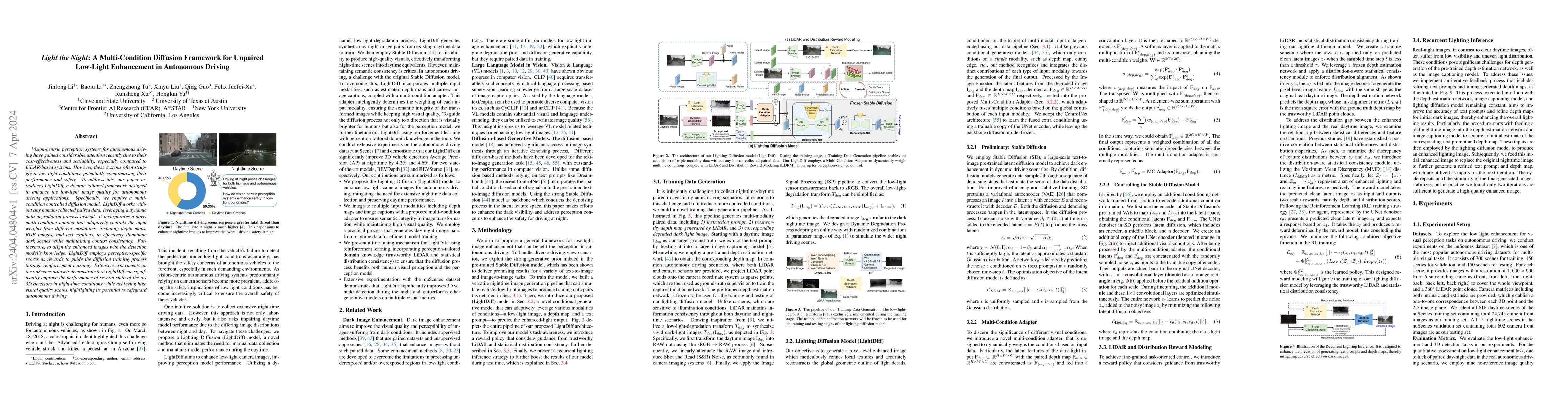 Thumbnail for Light the Night: A Multi-Condition Diffusion Framework for Unpaired
  Low-Light Enhancement in Autonomous Driving