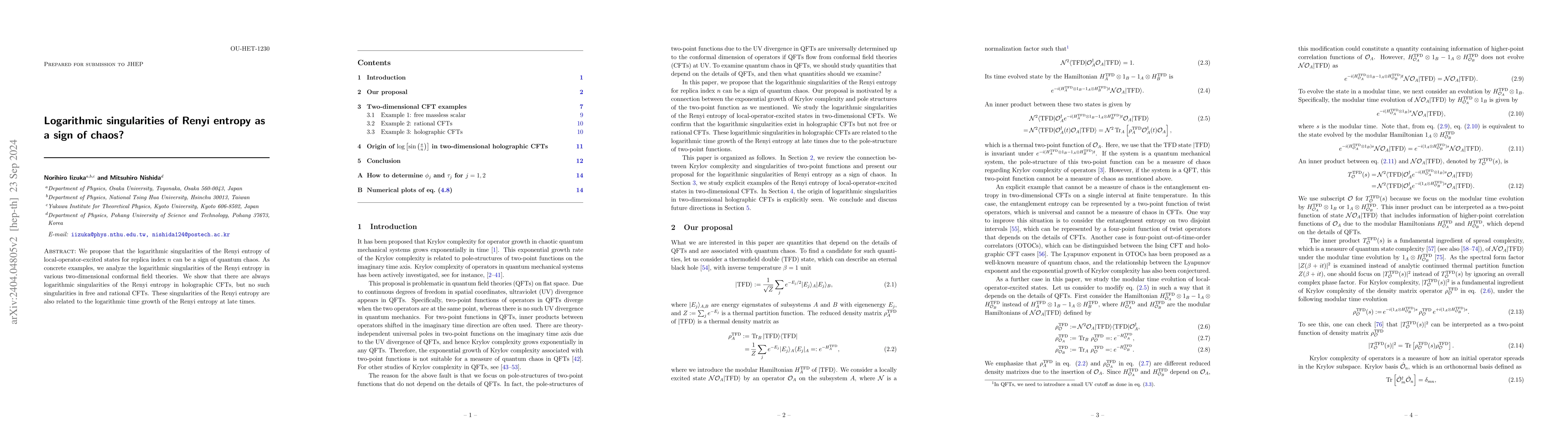 Thumbnail for Logarithmic singularities of Renyi entropy as a sign of chaos?