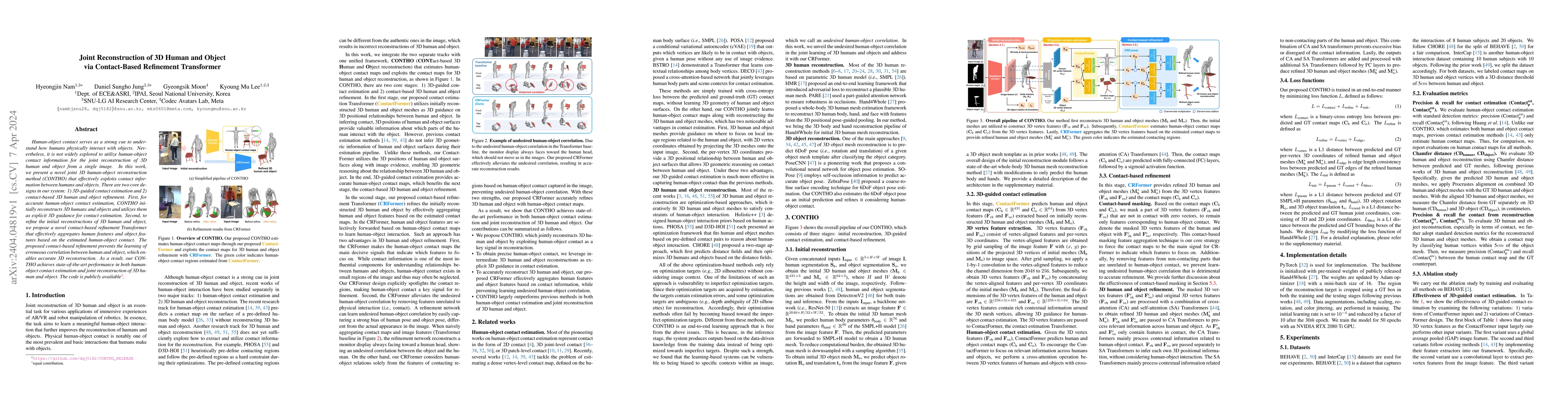 Thumbnail for Joint Reconstruction of 3D Human and Object via Contact-Based Refinement
  Transformer