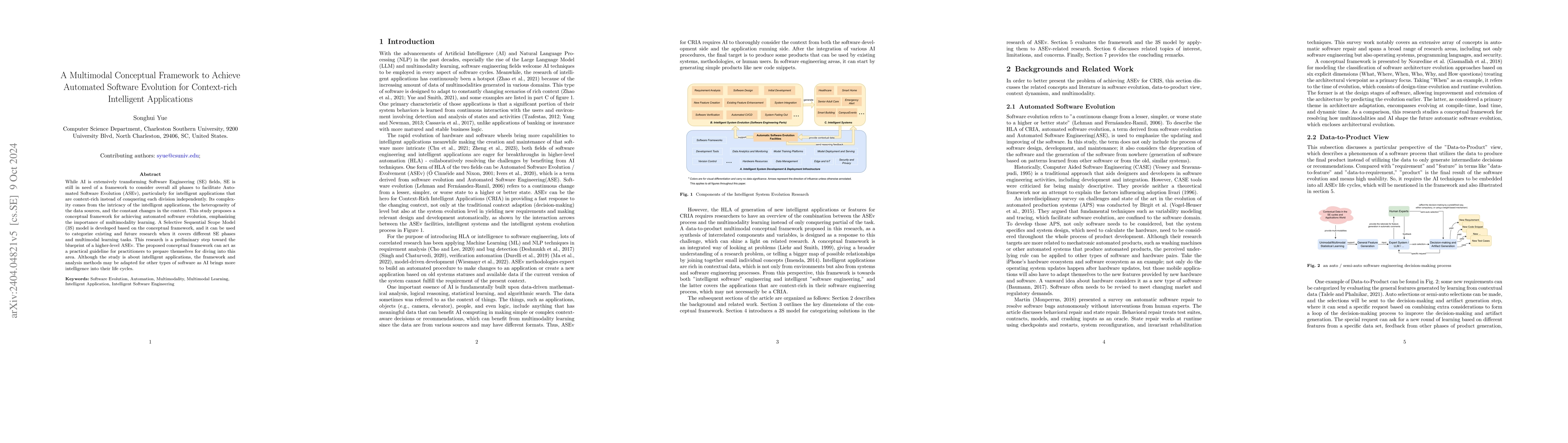Thumbnail for A Data-to-Product Multimodal Conceptual Framework to Achieve Automated
  Software Evolution for Context-rich Intelligent Applications
