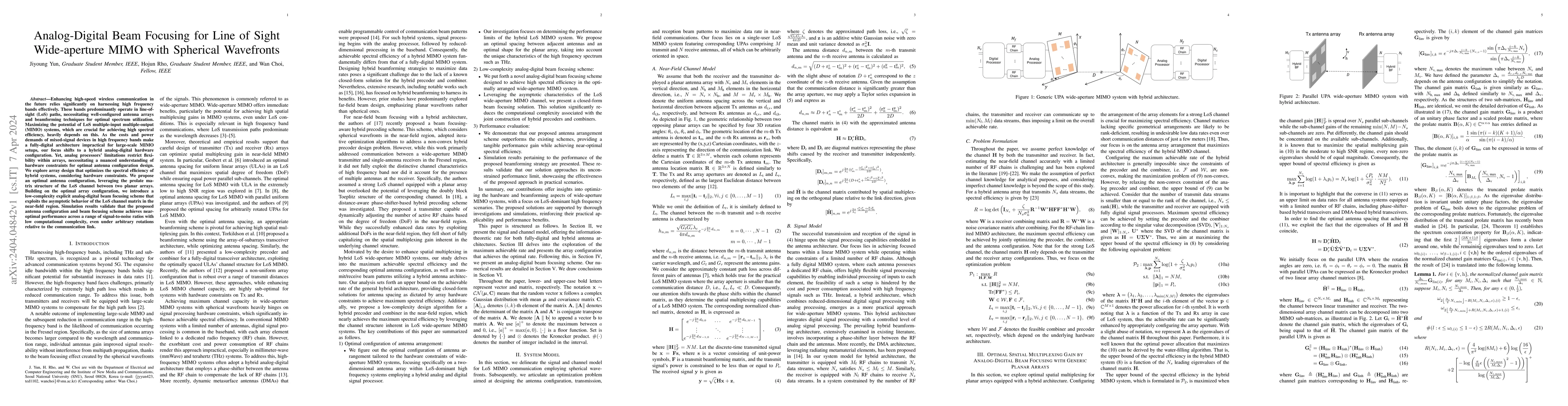 Thumbnail for Analog-Digital Beam Focusing for Line of Sight Wide-Aperture MIMO with
  Spherical Wavefronts