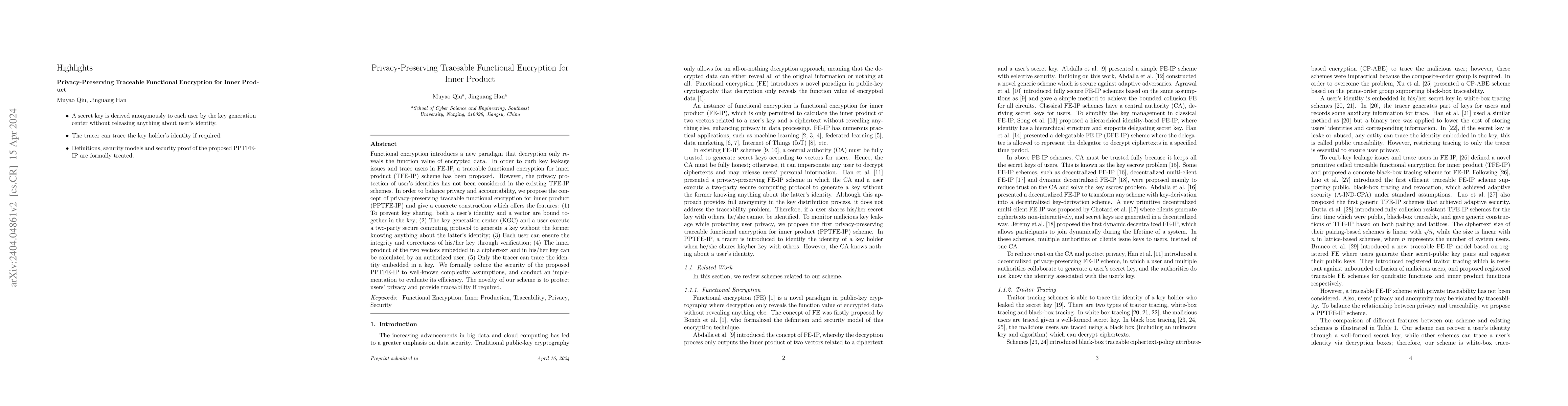 Thumbnail for Privacy-Preserving Traceable Functional Encryption for Inner Product