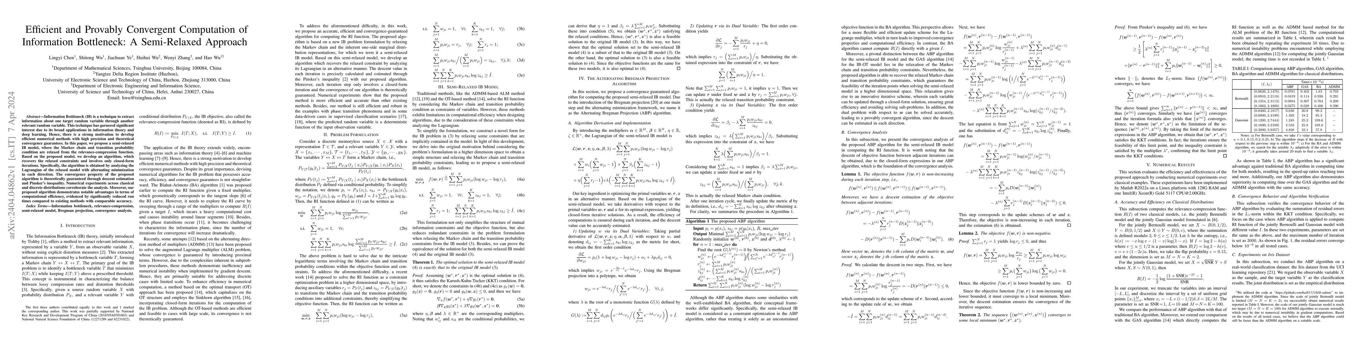 Thumbnail for Efficient and Provably Convergent Computation of Information Bottleneck:
  A Semi-Relaxed Approach