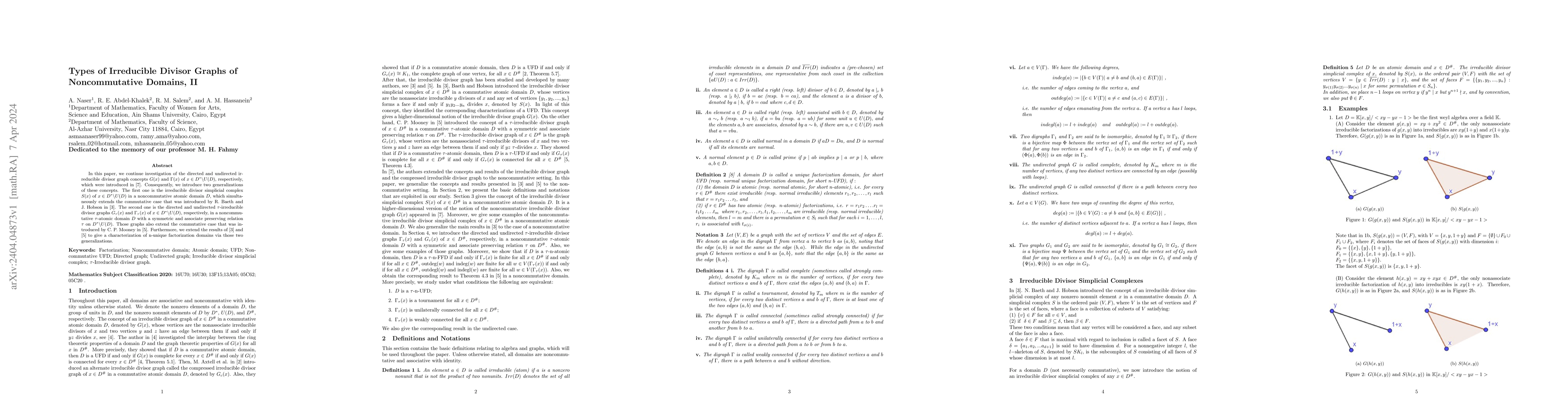 Thumbnail for Types of Irreducible Divisor Graphs of Noncommutative Domains, II